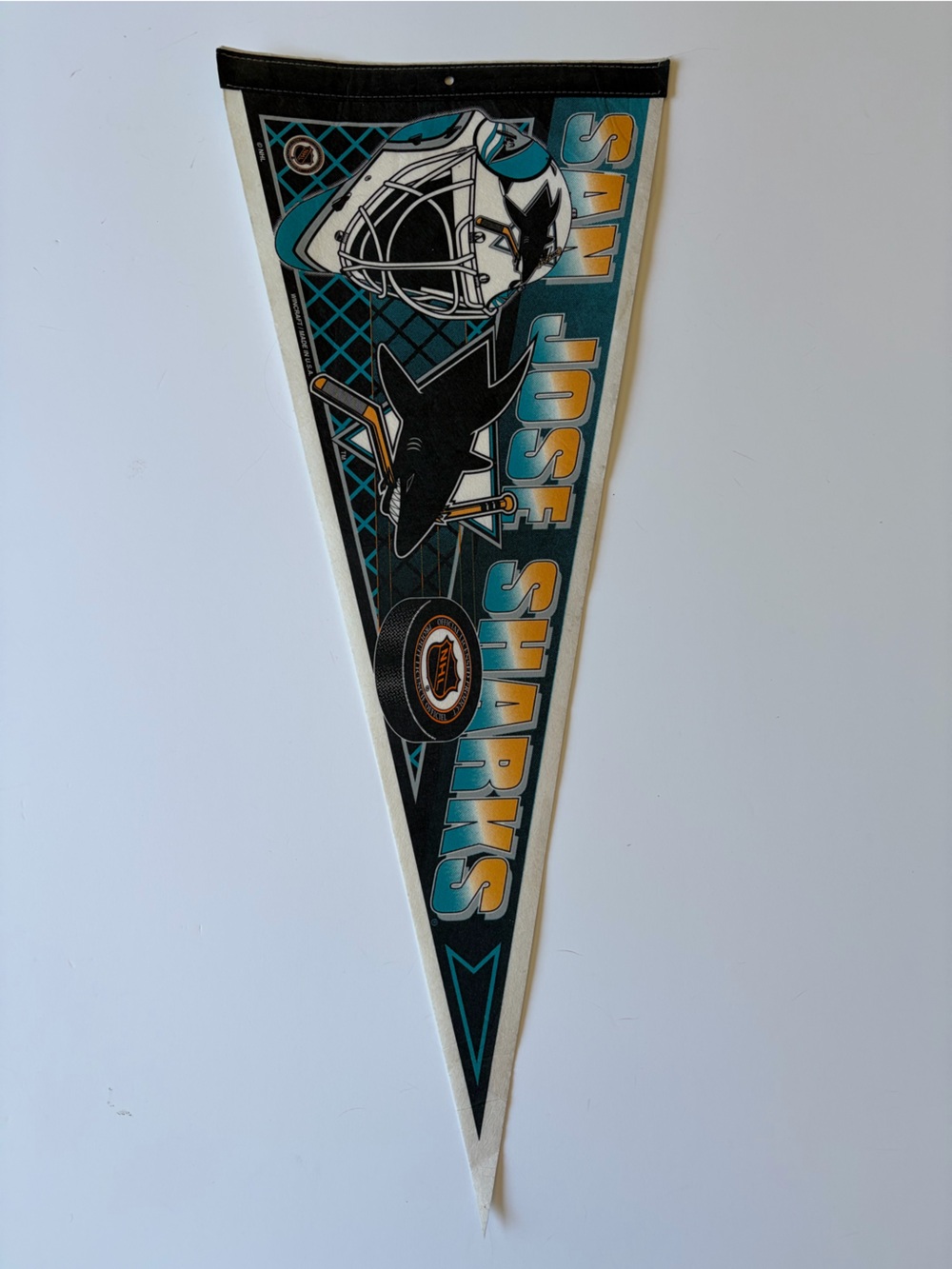 Vintage 1990s NHL San Jose Sharks Pennant Logo and Puck Teal, Black & Gold Ombré